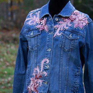 UPCYCLED Denim Jacket with Rhinestones and Sequined Appliques